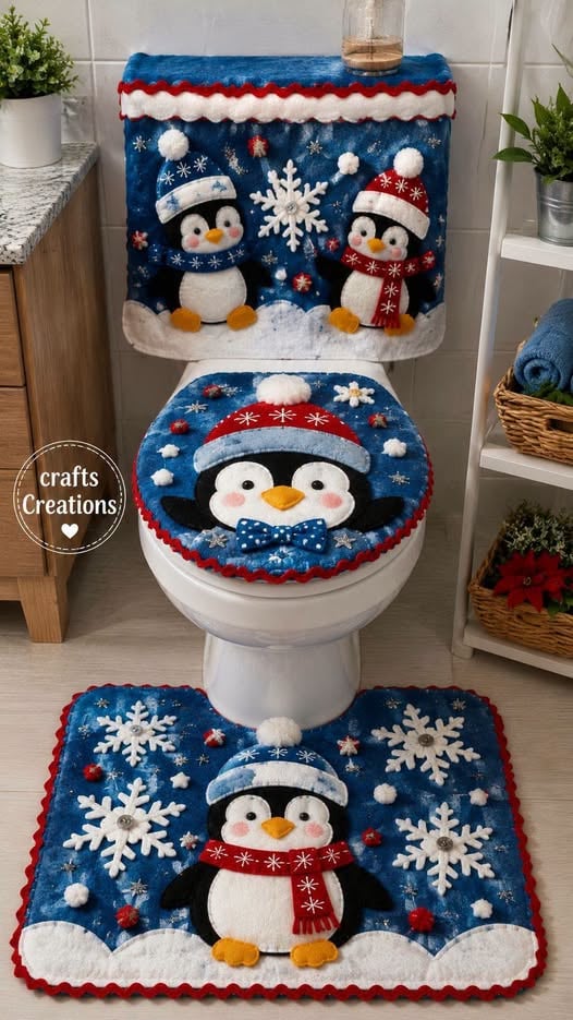 🎉3-Piece Christmas Snowman Toilet Cover Set – Cozy Winter Bathroom Decor