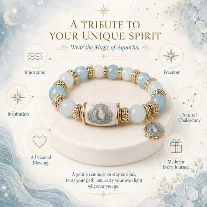 ⏳ Last Day 49% OFF – ♈ 12 Zodiac Natural Chalcedony Bracelet Collection | 10–12mm Gemstone Beads, Symbolic Zodiac Charm, Stretch Fit & Collector’s Gift Box Included ✨