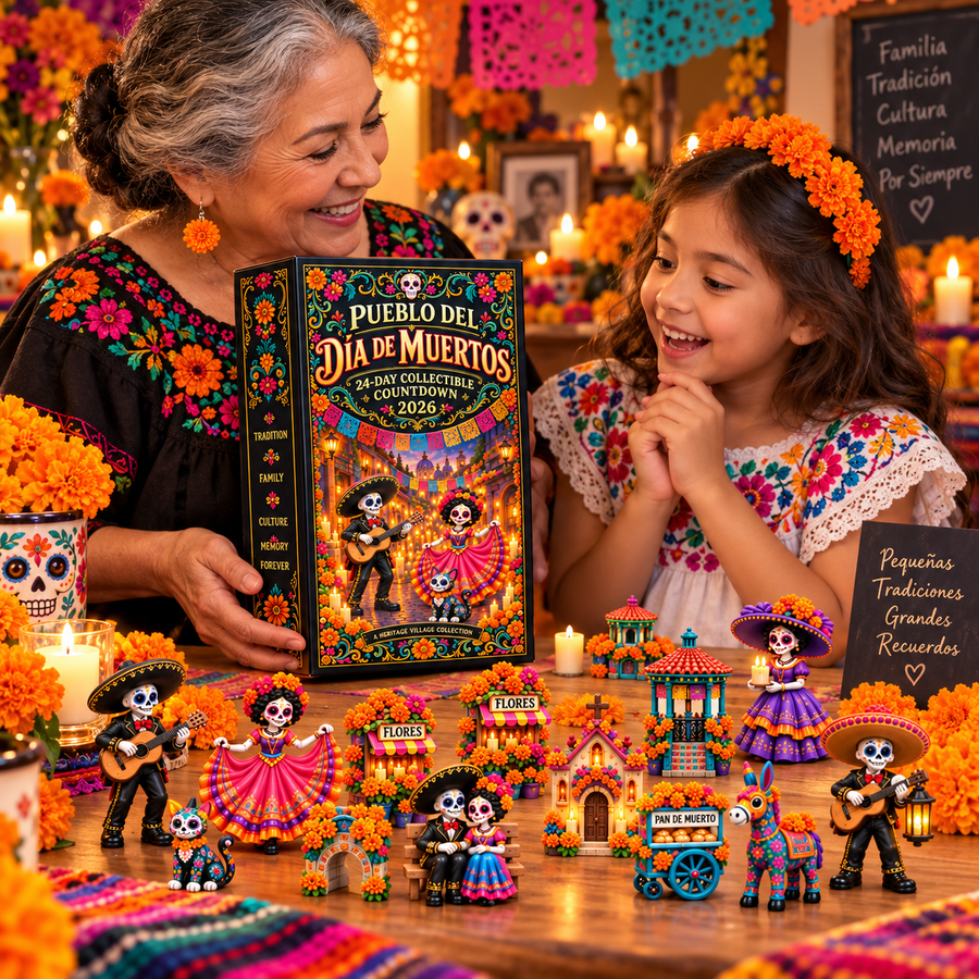 Family enjoying the Pueblo del Día de Muertos collectible village