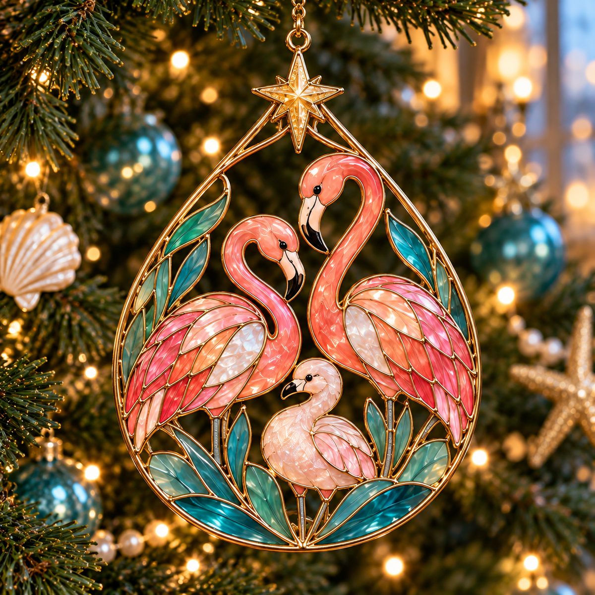 Coastal Christmas Flamingo Ornaments – Vintage Stained-Glass Style, 6-Piece Set
