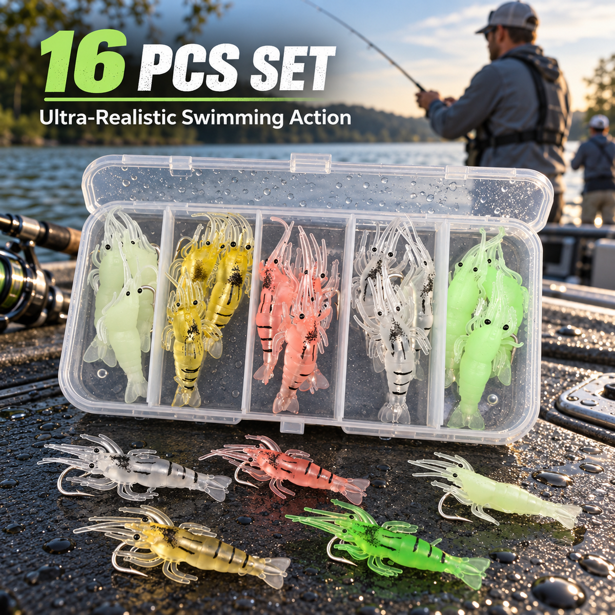16 Pcs Realistic Grass Shrimp Fishing Lure Set with Box 🦐