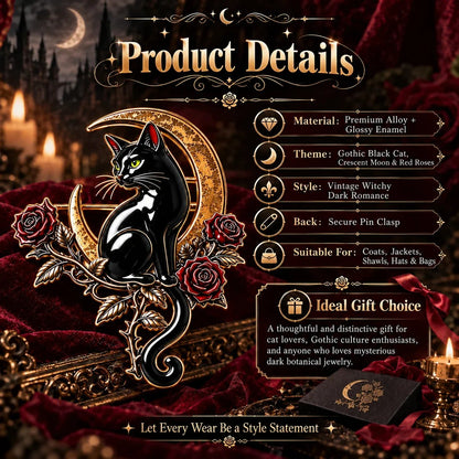 🐈‍⬛🌙 Black Cat Crescent Moon Brooch – Gothic Rose Statement Pin