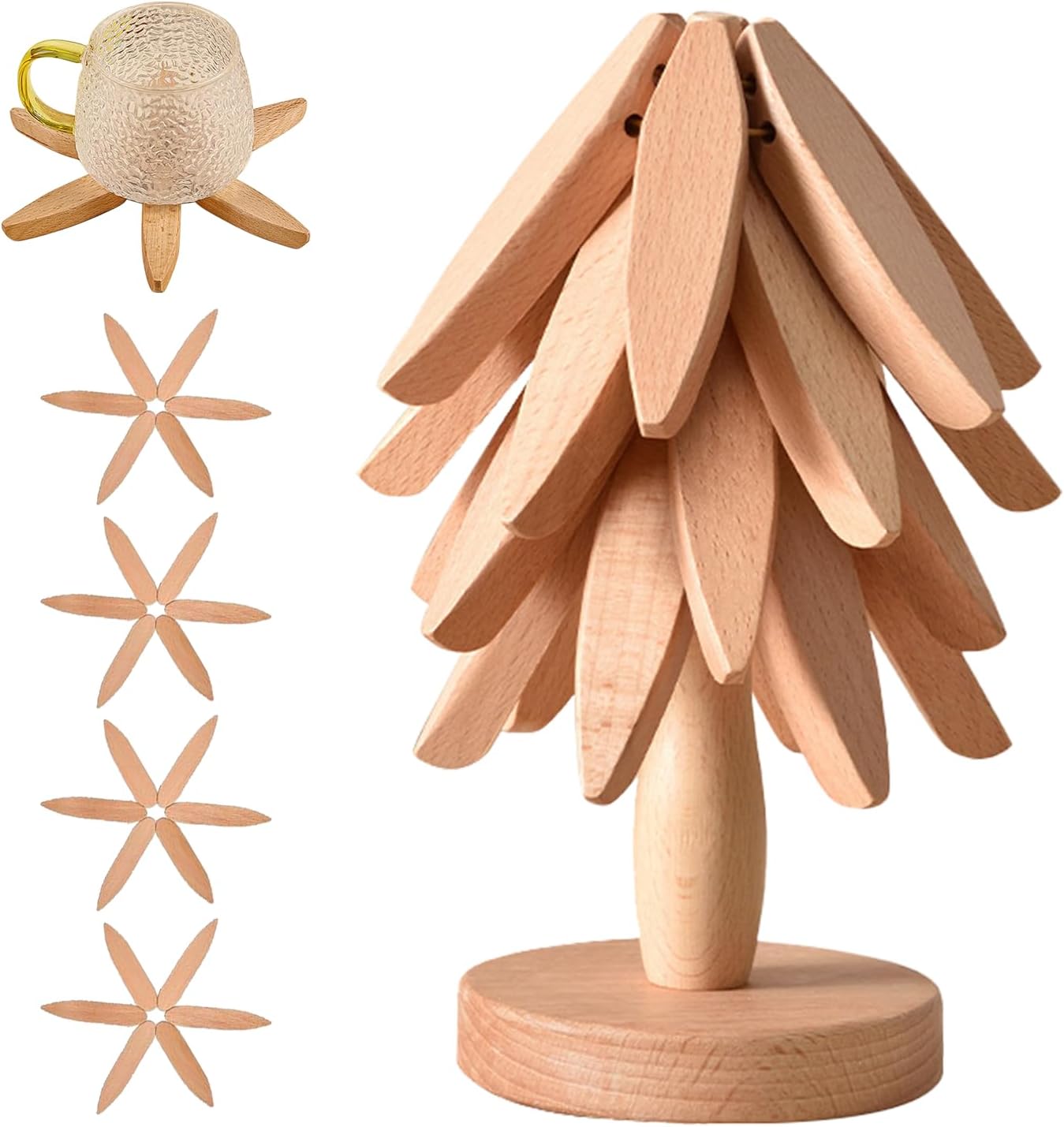 🔥Limited Time 49% Off✨Natural Tree Trivet Set - 4 Wooden Trivets & 1 Stand,Like a Christmas Tree🎄