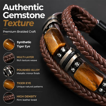 🔥Versatile Vintage Leather Bracelet 📿 Braided Layered Tiger Eye Stone Wristband for Men & Women