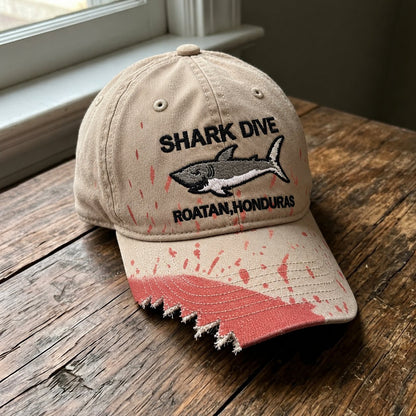 🦈 Shark Bite Baseball Cap | Embroidered Shark • Bite-Shaped Frayed Brim