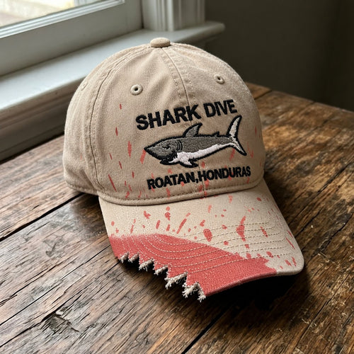 🦈 Shark Bite Baseball Cap | Embroidered Shark • Bite-Shaped Frayed Brim