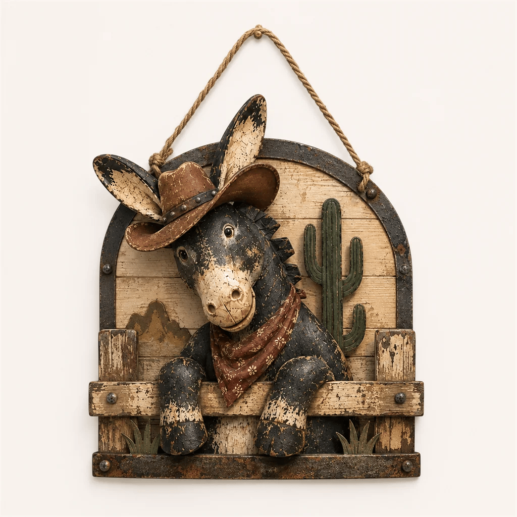 🫏 Rustic Cowboy Donkey Wall Hanging – Western Farmhouse Décor & Country Keepsake