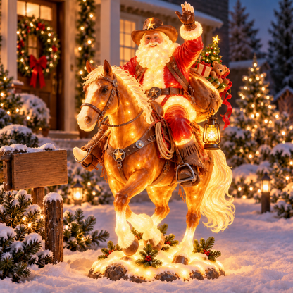 🎅🤠 Western Cowboy Santa on Horse Lighted Christmas Statue | Rustic Ranch Holiday Outdoor Décor