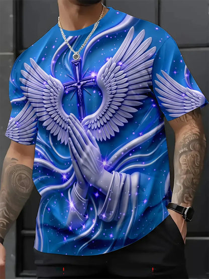 New Religious Prayer Hand Angel Wings Cross Print Men's Round Neck 3D High-Definition Short Sleeve