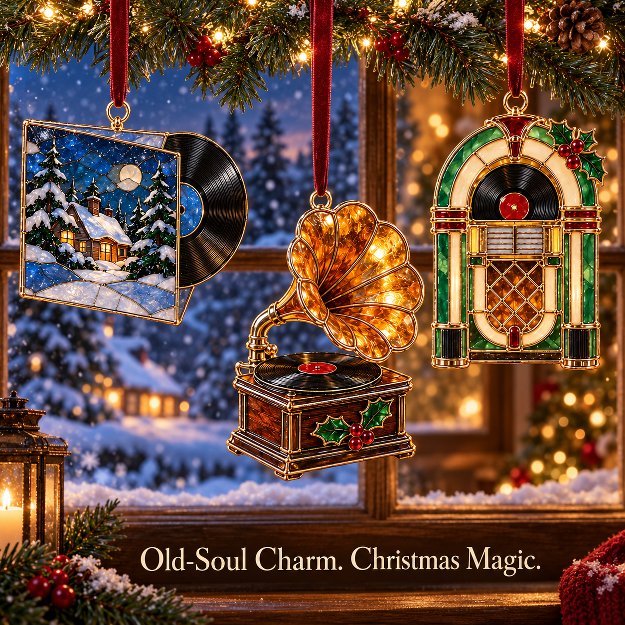 Vintage jukebox golden gramophone and winter record ornaments in snowy window scene