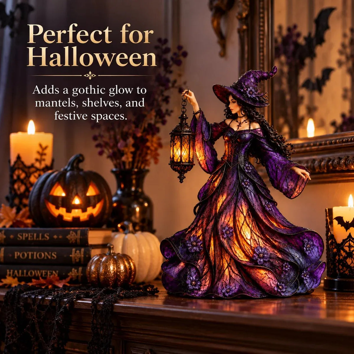 ⏳ Last Day 49% OFF – 🧙 Gothic Witch Lantern Figurine | Warm LED Glow for Shelves, Mantels & Halloween Displays 🎃