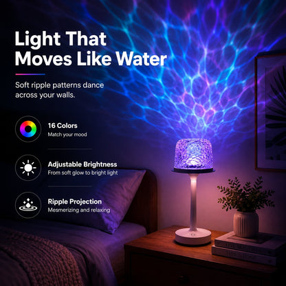 16-Color Water Ripple Projection Table Lamp – Rechargeable Remote & Touch Dimmable Mood Light