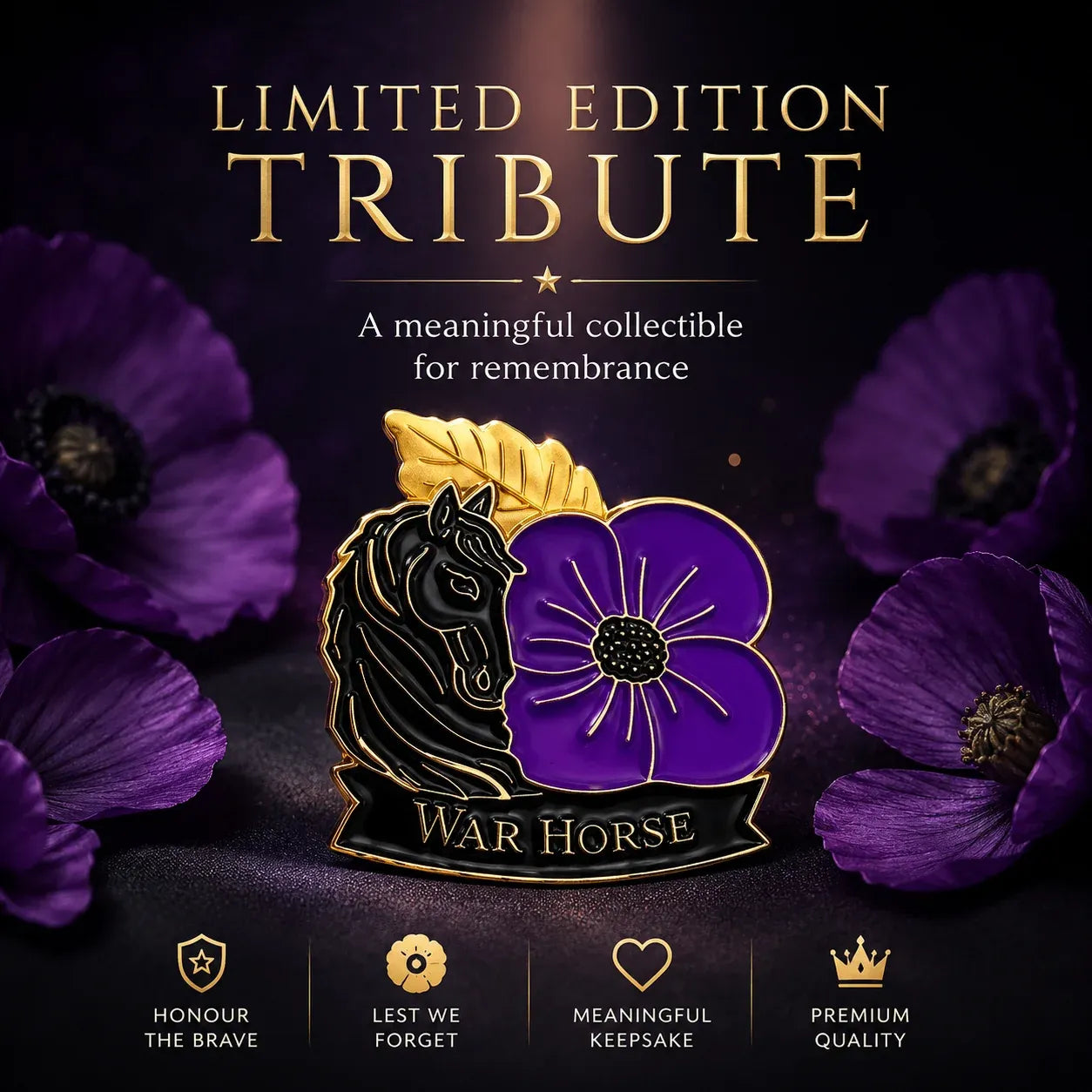 🐴 111th Anniversary War Horse Purple Poppy Remembrance Brooch | Meaningful Memorial Keepsake with Antique-Inspired Details for Veterans, Horse Lovers & History Collectors 💜
