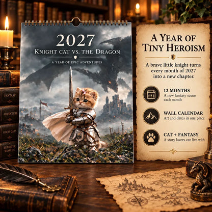 🐱 2027 Knight Cat vs. The Dragon Wall Calendar | 12 Fantasy Scenes