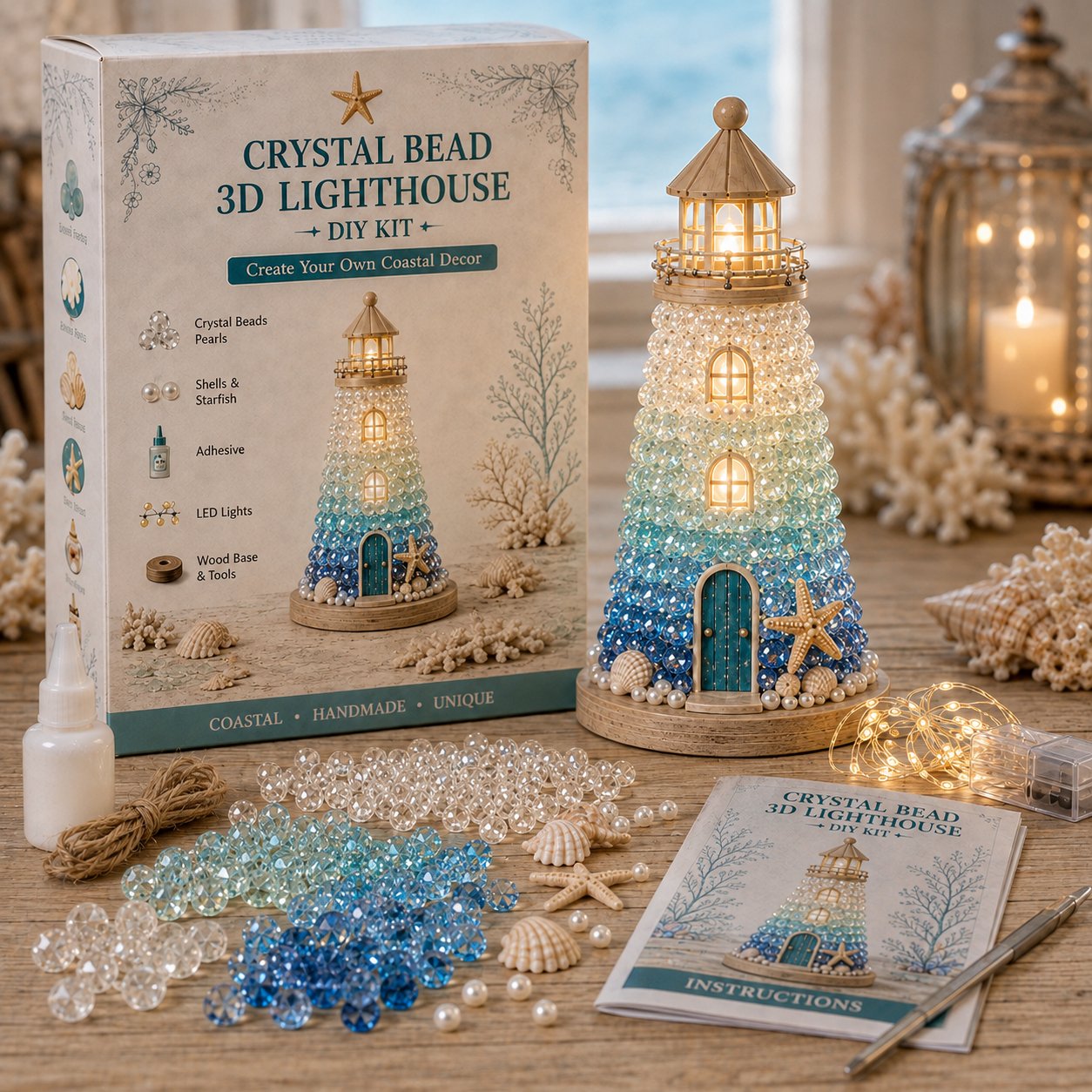 ⏳ Last Day 49% OFF – 🌊 Beginner-Friendly DIY Lighted Sea Glass-Style Lighthouse Kit Collection | Complete Kit with Sea Glass-Style Pieces, LED Lights & Step-by-Step Guide Included 💕