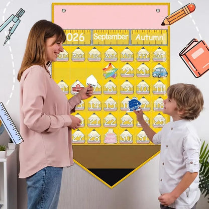 📅Back to School 2026-2028 Classroom Pencil Calendar Pocket Chart | 82 Educational Activity Cards🖍️
