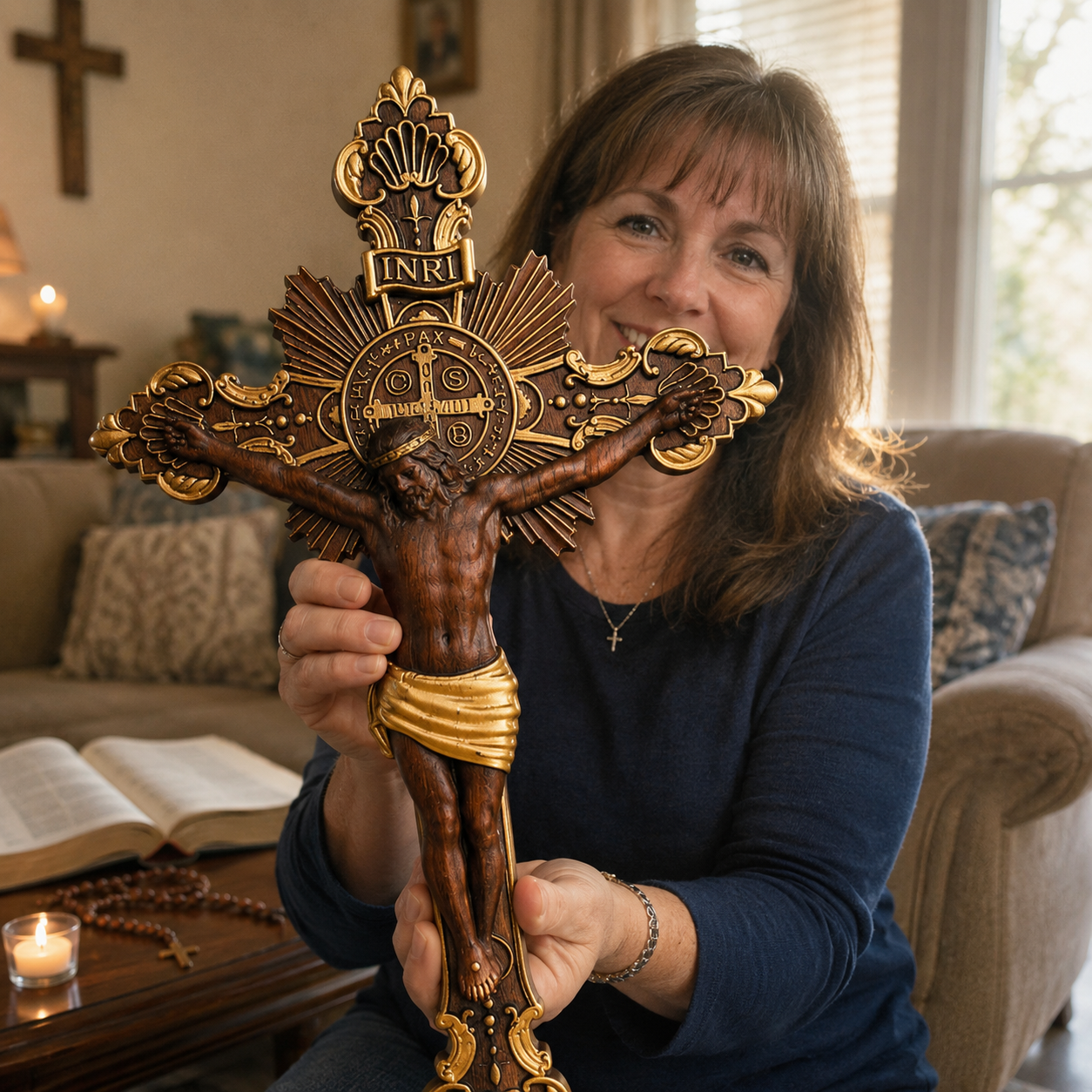 St. Benedict Exorcism Cross wood carved - Bless you and your family - side view
