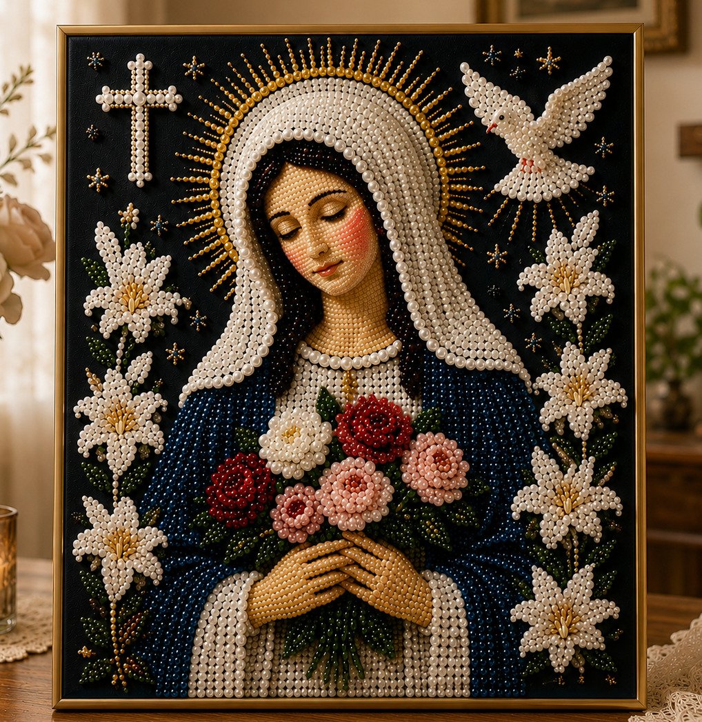 🙏New Arrivals 49% OFF-2026  Divine Pearl Bead Virgin Mary Icon – A Peaceful DIY Faith Art Gift ✨