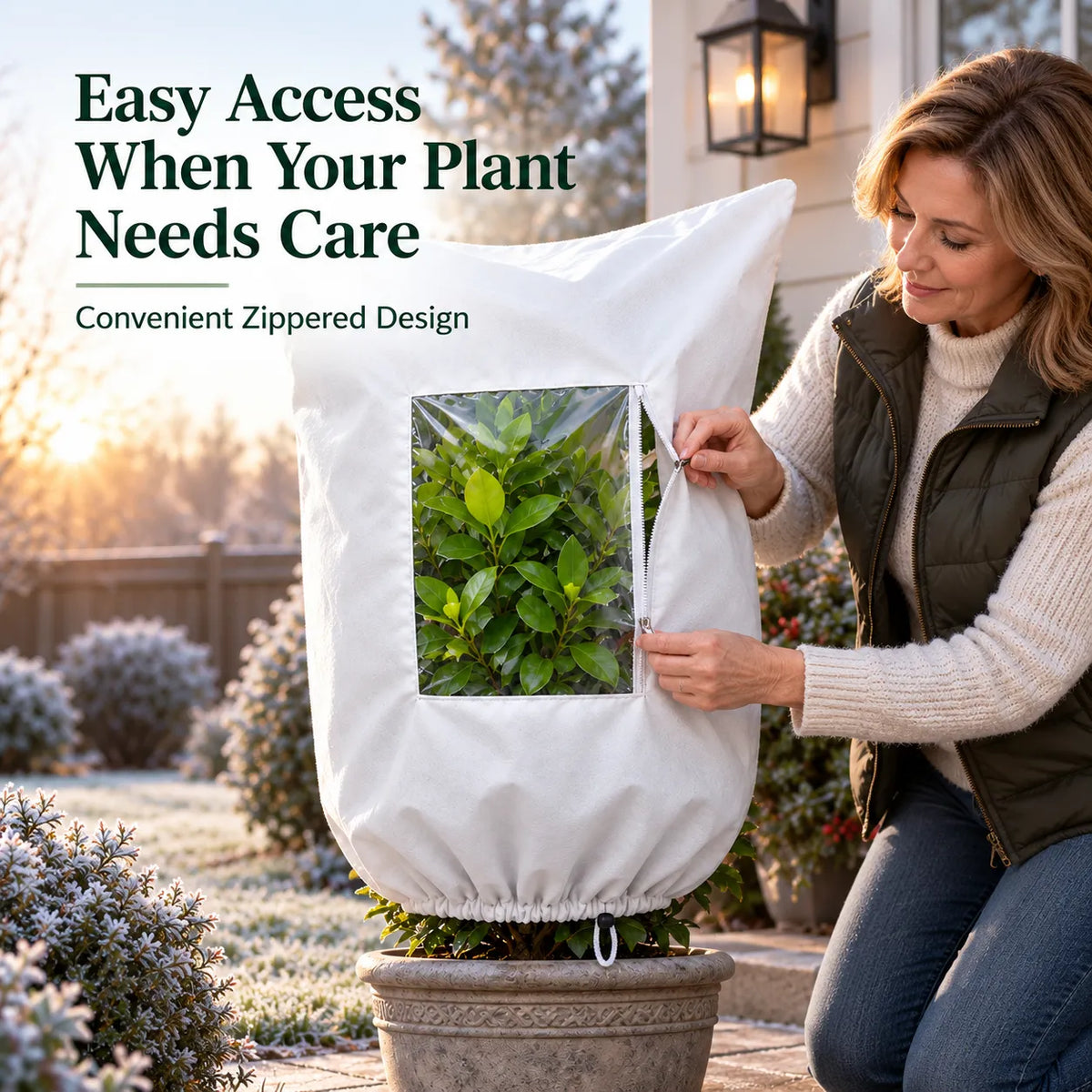 Zipper opening for easy winter plant care