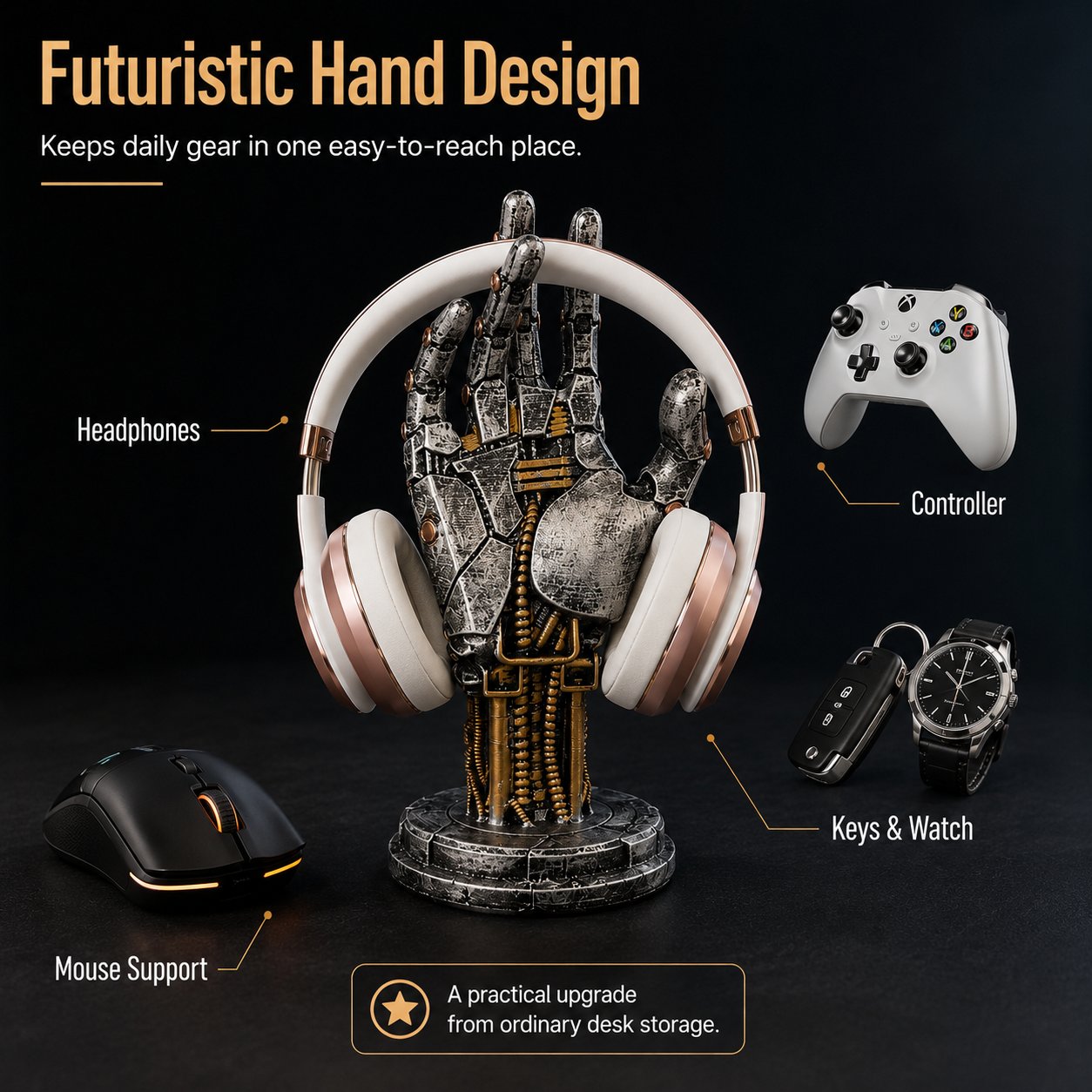 Cyberpunk Mechanical Hand Controller And Headphone Desk Stand