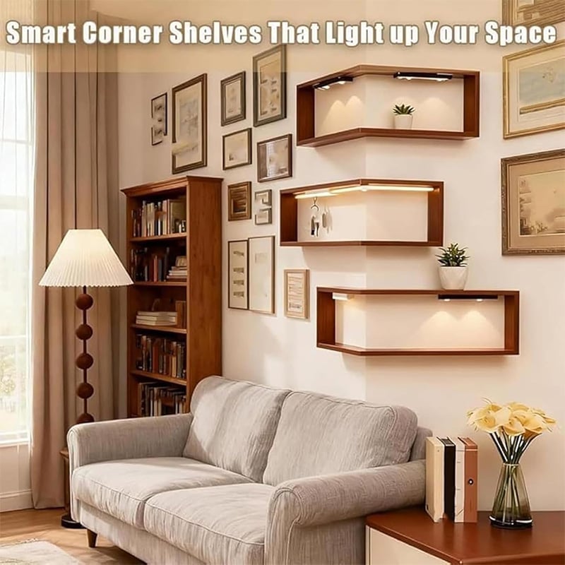 Wooden Corner Wall Shelf with Built-in Lights