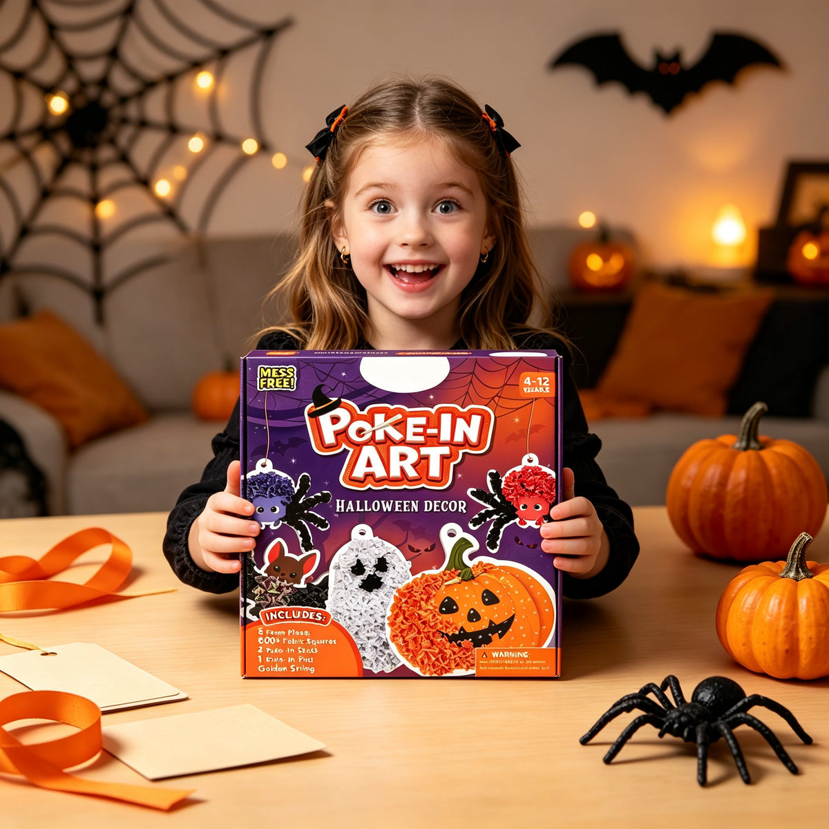 👻Halloween Poke In Art Kit, Kids Handmade Hanging Decor Craft Set with Pumpkin Ghost Bat Spider