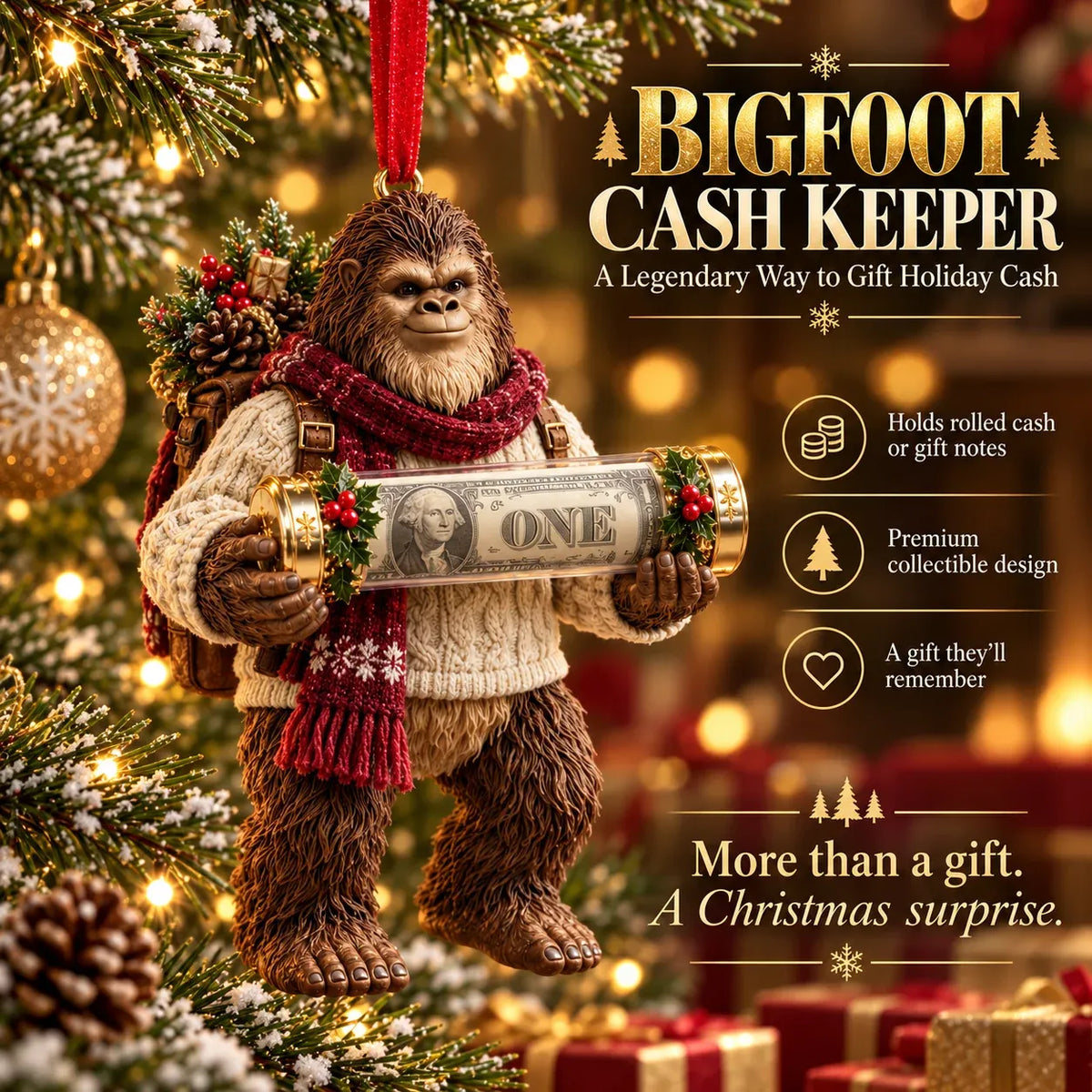 🎄👣 3D Bigfoot Christmas Cash Gift Ornament – Holiday Money Holder Keepsake ✨