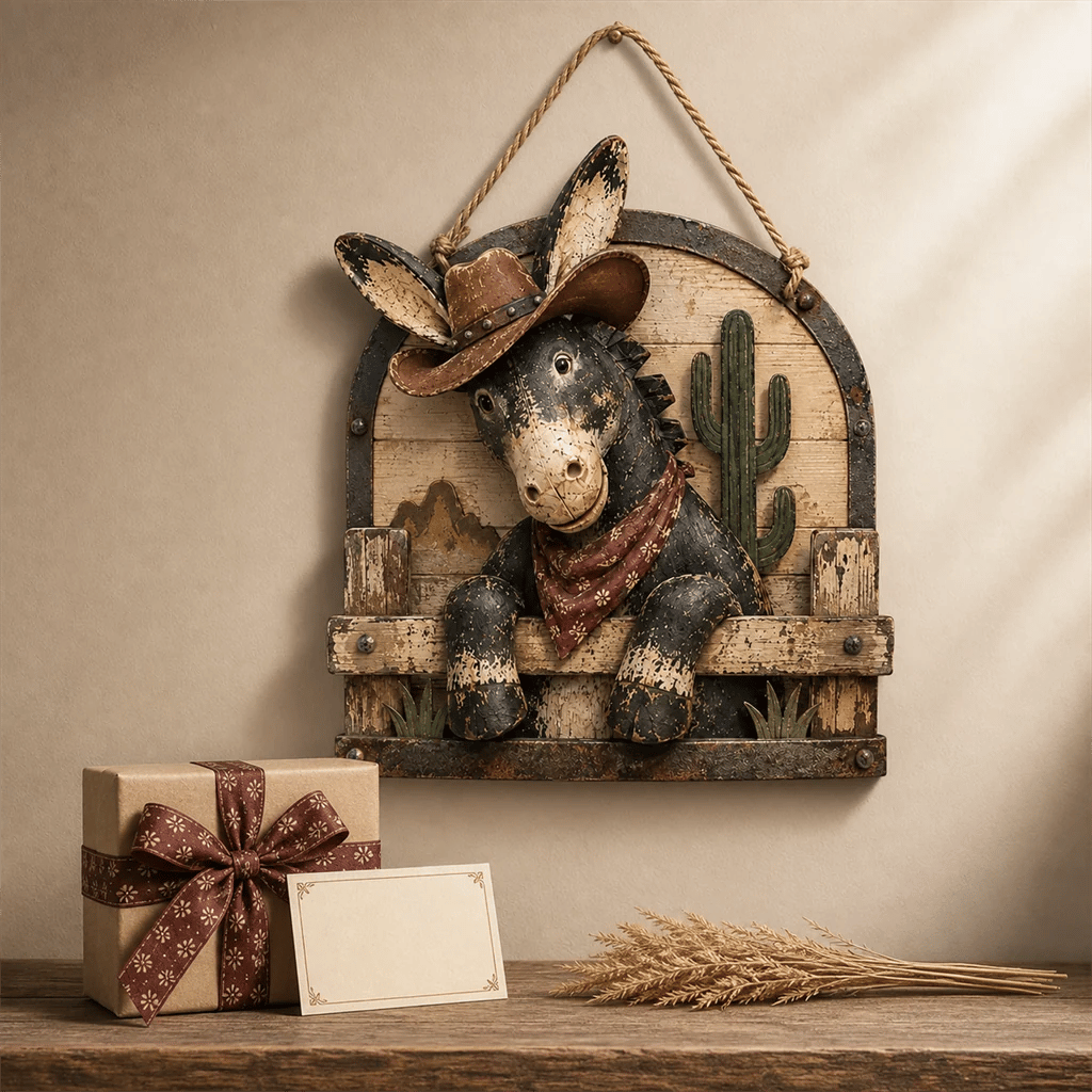 🫏 Rustic Cowboy Donkey Wall Hanging – Western Farmhouse Décor & Country Keepsake