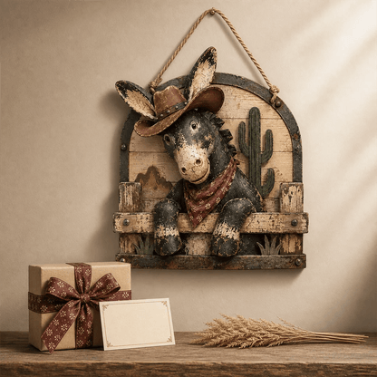 🫏 Rustic Cowboy Donkey Wall Hanging – Western Farmhouse Décor & Country Keepsake