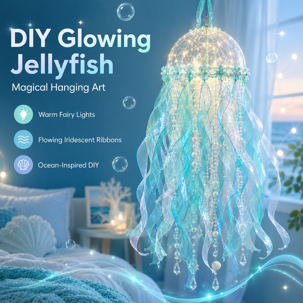 🎁 BUY 2 & GET FREE SHIPPING – 🪼 DIY Glowing Jellyfish Hanging Decoration Kit | Dreamy Floating Glow with Iridescent Ribbons, Pearls & Fairy Lights ✨