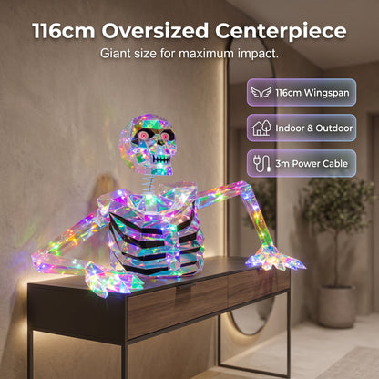 🔥HOT SALE🔥Giant Crystal Effect Skeleton Halloween Decoration - 116cm Wide Light-Reflecting Oversized Skeleton Centerpiece with 3m Power Cable - Mysterious Glow Decor for Home Entryway, Living Room & Spooky Party