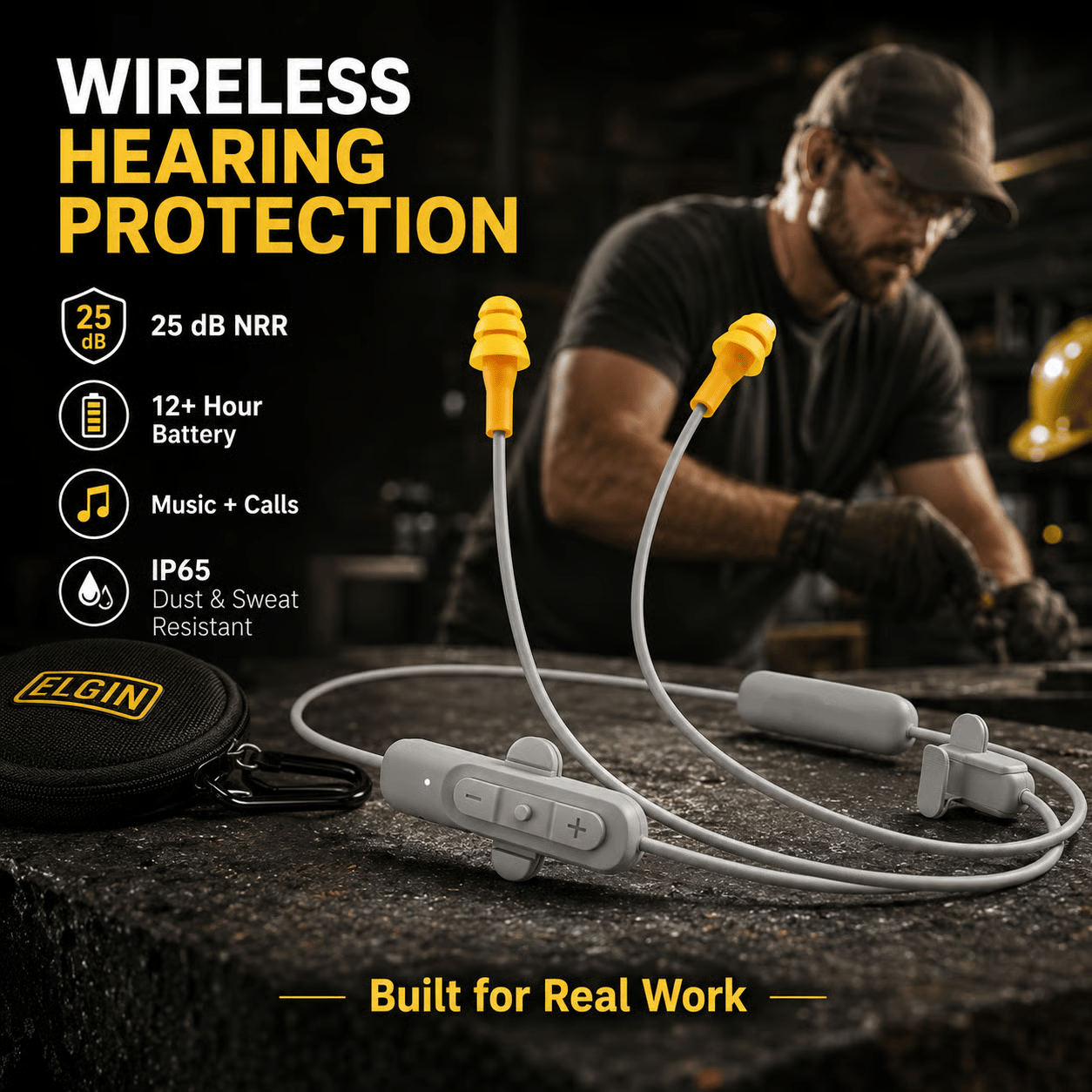 🎧 25dB NRR Wireless Hearing Protection Earbuds – 12+H Battery, Bluetooth & IP65