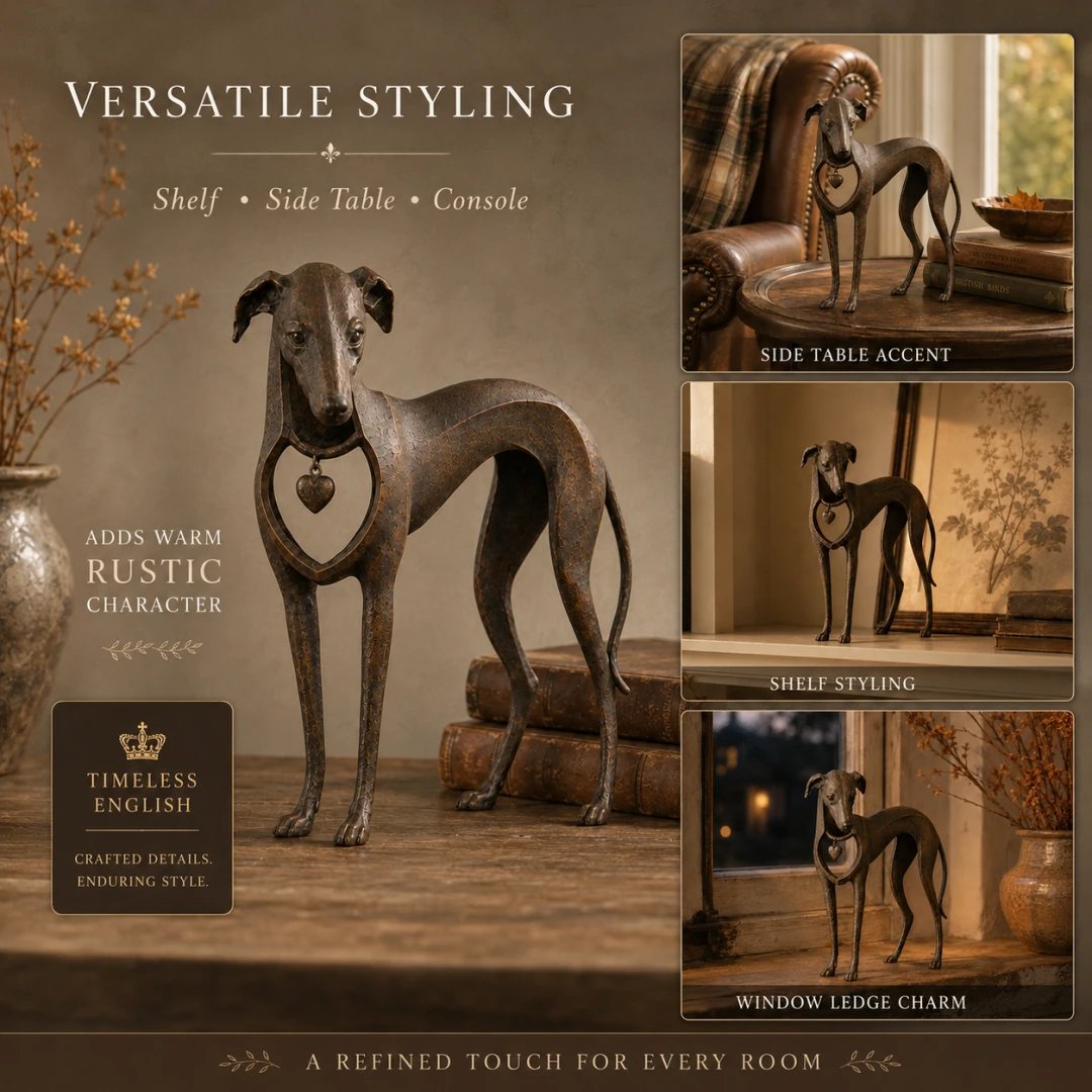 Heritage Heart Sighthound Sculpture – Vintage Iron Dog Accent for Timeless Interiors