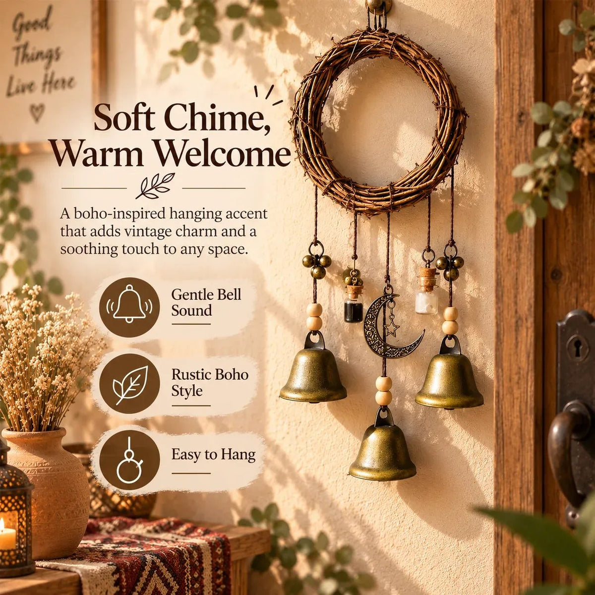 🌙🔔 Boho Moon & Bell Hanging Decor – Rustic Celestial Charm