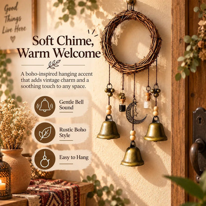 🌙🔔 Boho Moon & Bell Hanging Decor – Rustic Celestial Charm