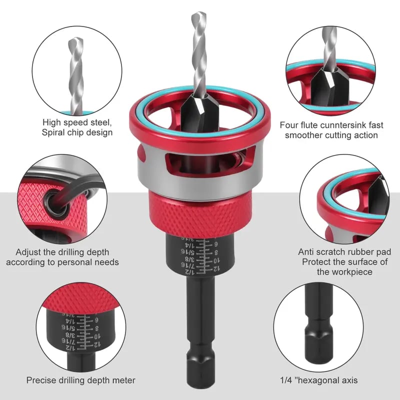 Adjustable Countersink Drill Bit Depth Stop Kit  | 4-Flute Wood Drilling Bits