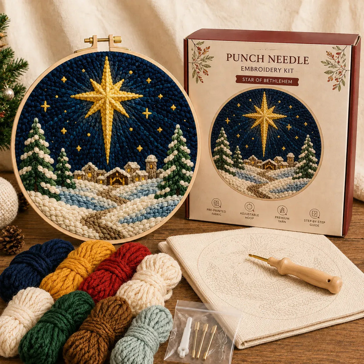 ⏳ Last Day 49% OFF – 🎄Beginner-Friendly Christmas Punch Needle DIY Kit | Complete Kit with Pre-Printed Fabric, Wooden Hoop, Thick Yarn, Punch Needle Tool & Step-by-Step Guide Included 💕