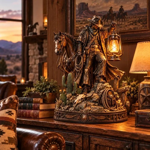 🤠 Western Rider & Horse Lantern Statue | Rustic Cowboy Decor