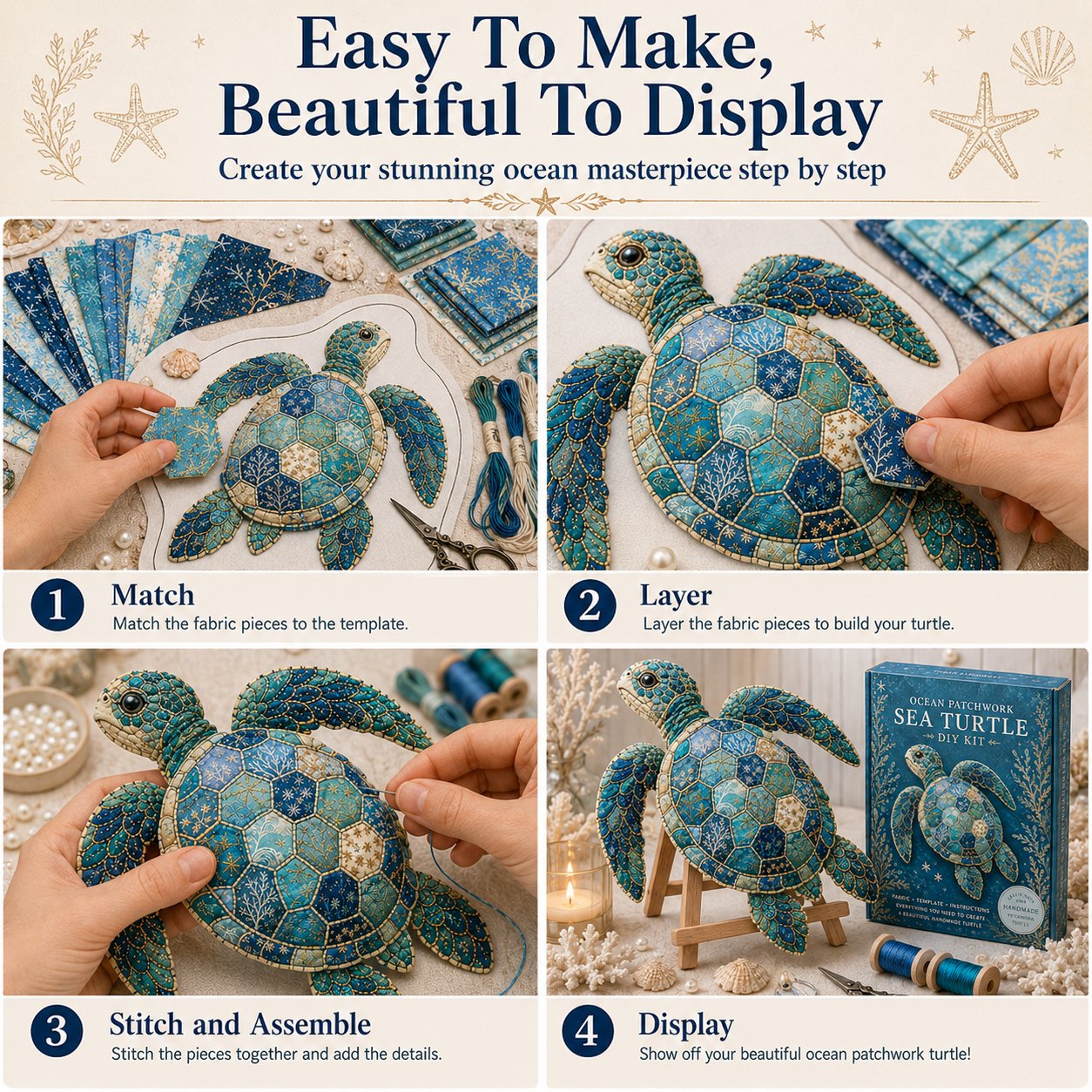 🌊🧵 Premium Ocean Patchwork DIY Kit | High-Quality Layered Fabric with Stitched Details DIY Handmade Coastal Decor 🐚✨