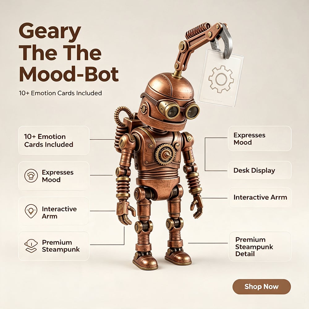 🤖 Steampunk Mood-Bot Desk Robot | Swapable Mood Card Desk Ornament For Office & Study Desktop Decor