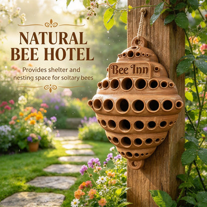 🐝 Bee Inn Hanging Bee Hotel | Rustic Solitary Bee House Pollinator Nesting Shelter for Garden Decor