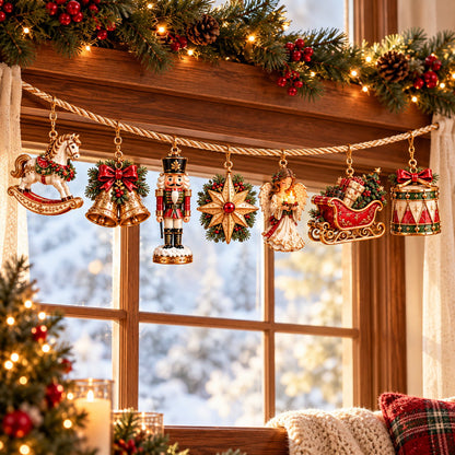 🎄 7-Piece Vintage Christmas Garland | Removable 3D Ornaments