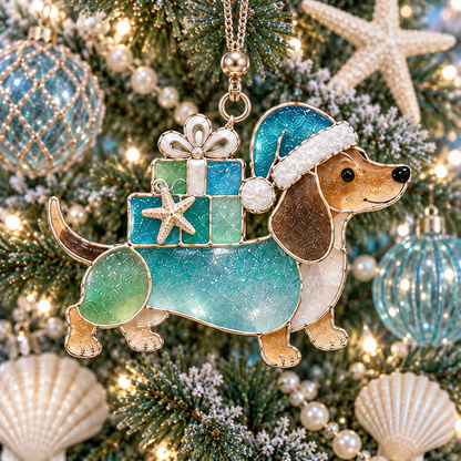 Coastal Christmas Dachshund Ornament Set – 6-Piece Stained Glass-Inspired Sea Glass Dog Christmas Tree Decorations, Gift for Dachshund Lovers