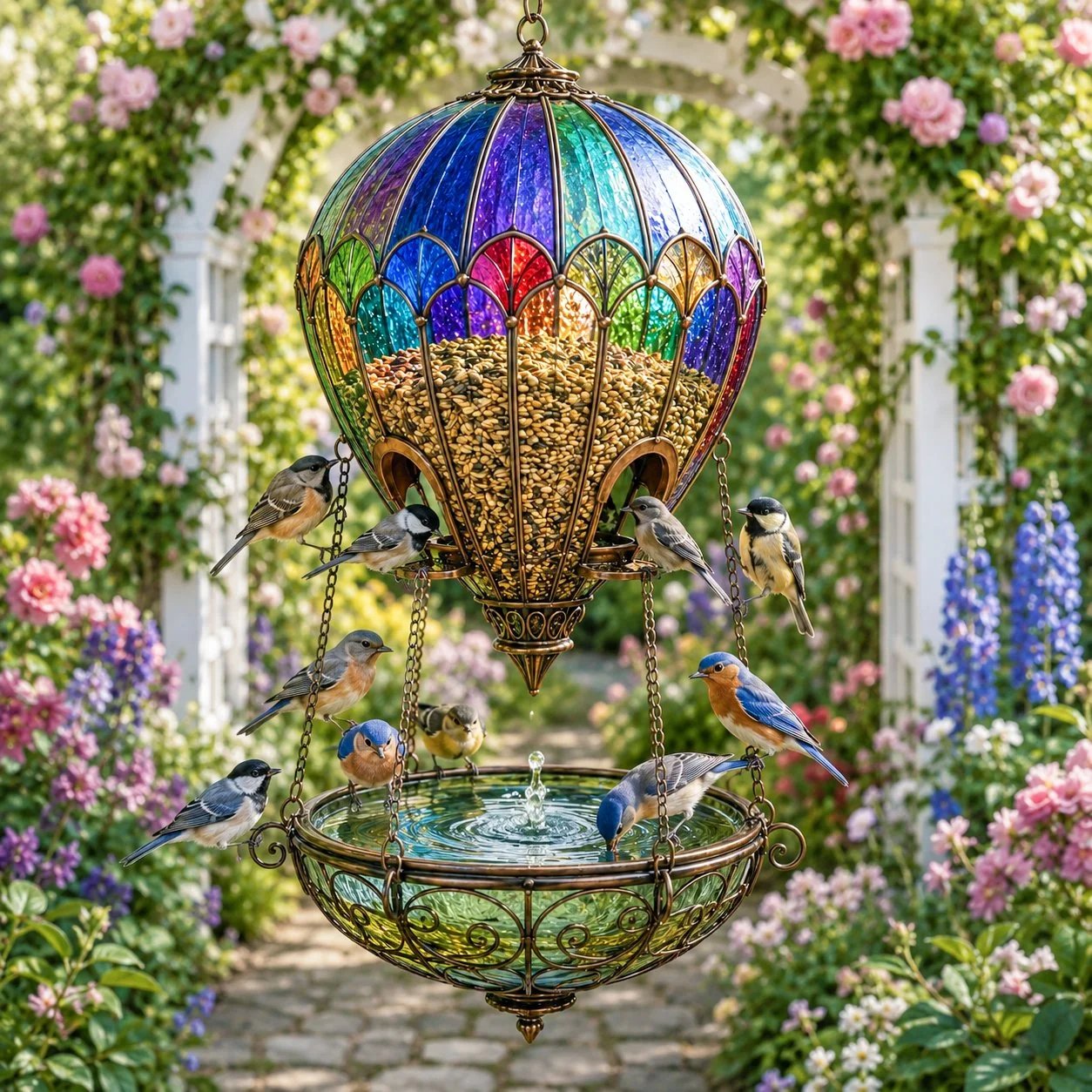 Hot Air Balloon Bird Feeder with Water Tray – Stained-Glass Look Garden Decor