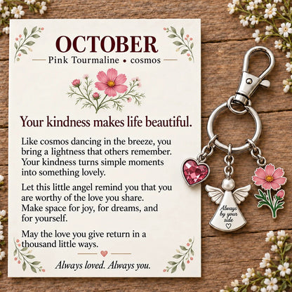 🔥LAST DAY 50% OFF - 👼 Always By Your Side: Birth Month Angel & Flower Keychain + Keepsake Card 🌸