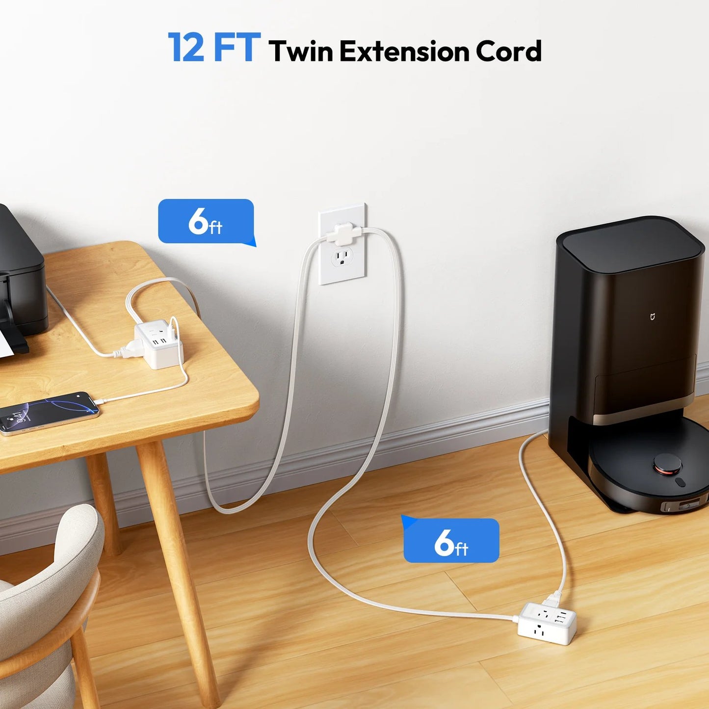 🔥Last Day Promotion 49% OFF-NTONPOWER Double Extension Cord 12 FT Power Strip  3 Outlets 3 USB