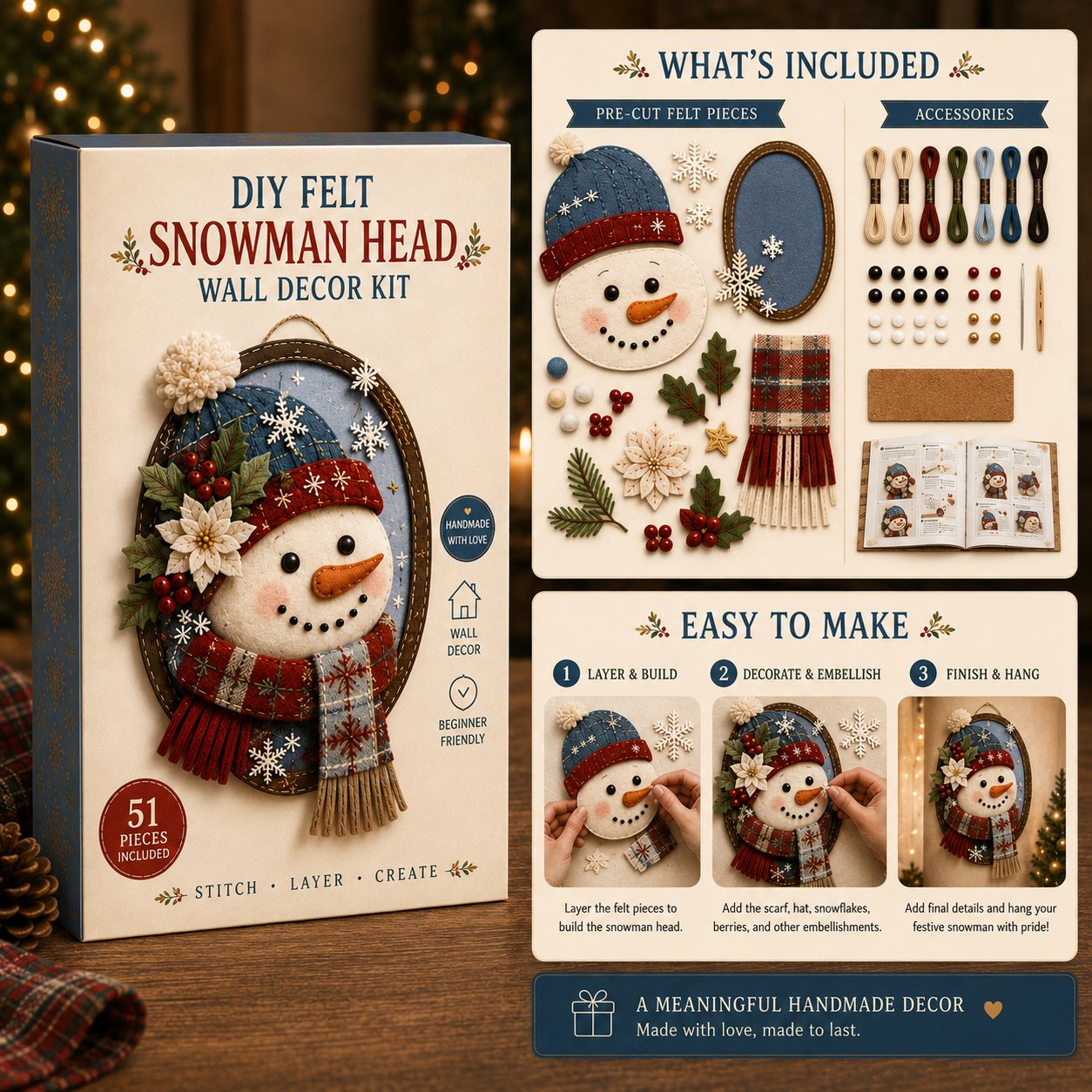 ⏳ Last Day 49% OFF – 🎅 Beginner-Friendly 52-Piece DIY Layered Felt Santa Wall Decor Kit | Complete Kit with All Tools & Step-by-Step Guide Included 💕