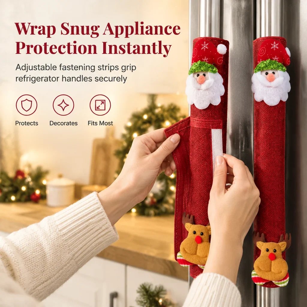 🎅🎄4PCS Plush Christmas Handle Covers – 40 cm Textured Linen Wraps with Snug Fastening for Fridges, Ovens, Dishwashers & Microwaves 🎁