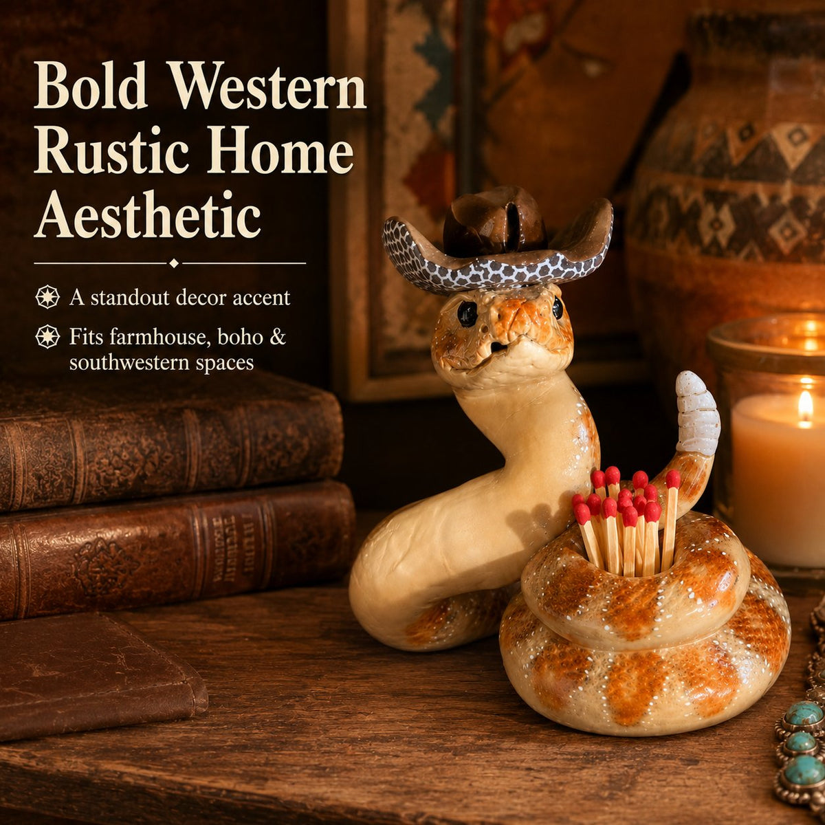 Cowboy Rattlesnake Ceramic Match Holder with Striker 🤠🐍