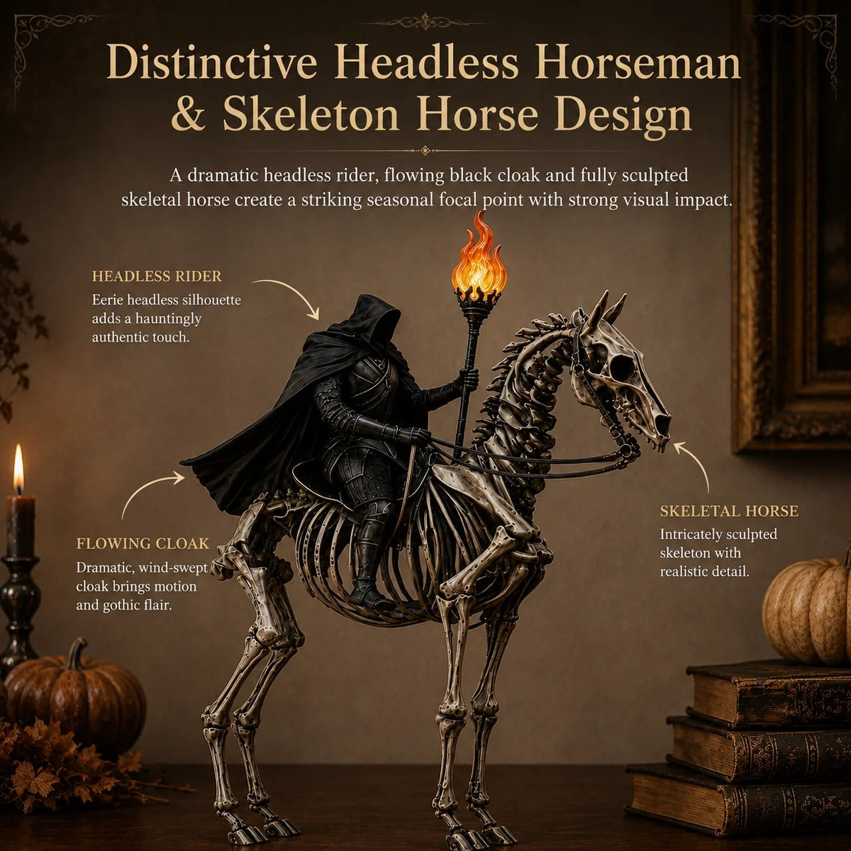 Lighted Headless Horseman on Skeleton Horse Figurine